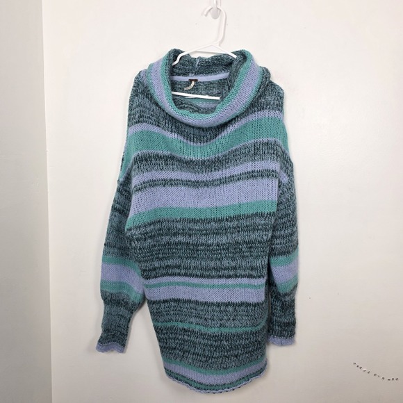 Free People Blue Candy Stripe‎ Cowl Neck Wool Alpaca Tunic Sweater Size Medium - Picture 7 of 14